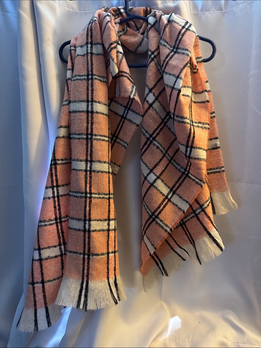 J. Crew Peach Plaid Fringe Scarf with Cream and Black Accents